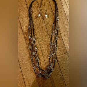 Black layered Necklace w/Crystals & Earrings